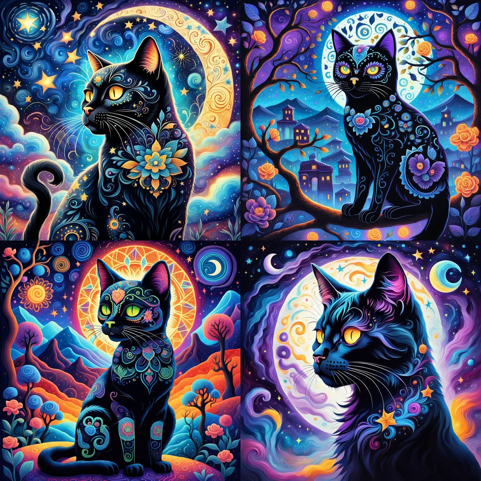 Sugar Skull Black Cat in Mystical Night