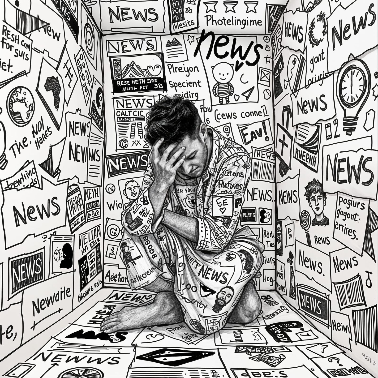 Man Oppressed by Doodle News in Sketch Art Style