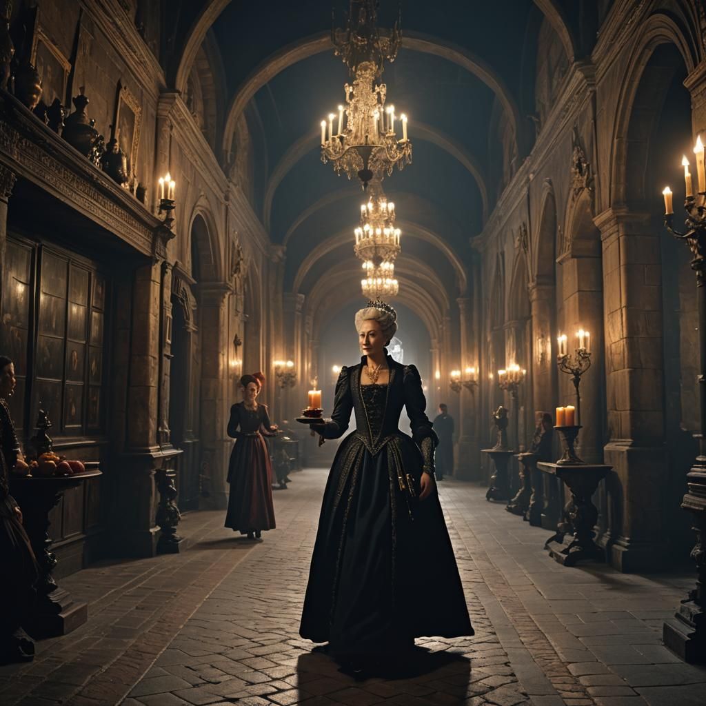 Ethereal Queen Gertrude Walks Elsinore Castle Halls