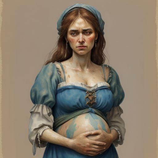 Sad Pregnant Peasant Woman in Gouache Style