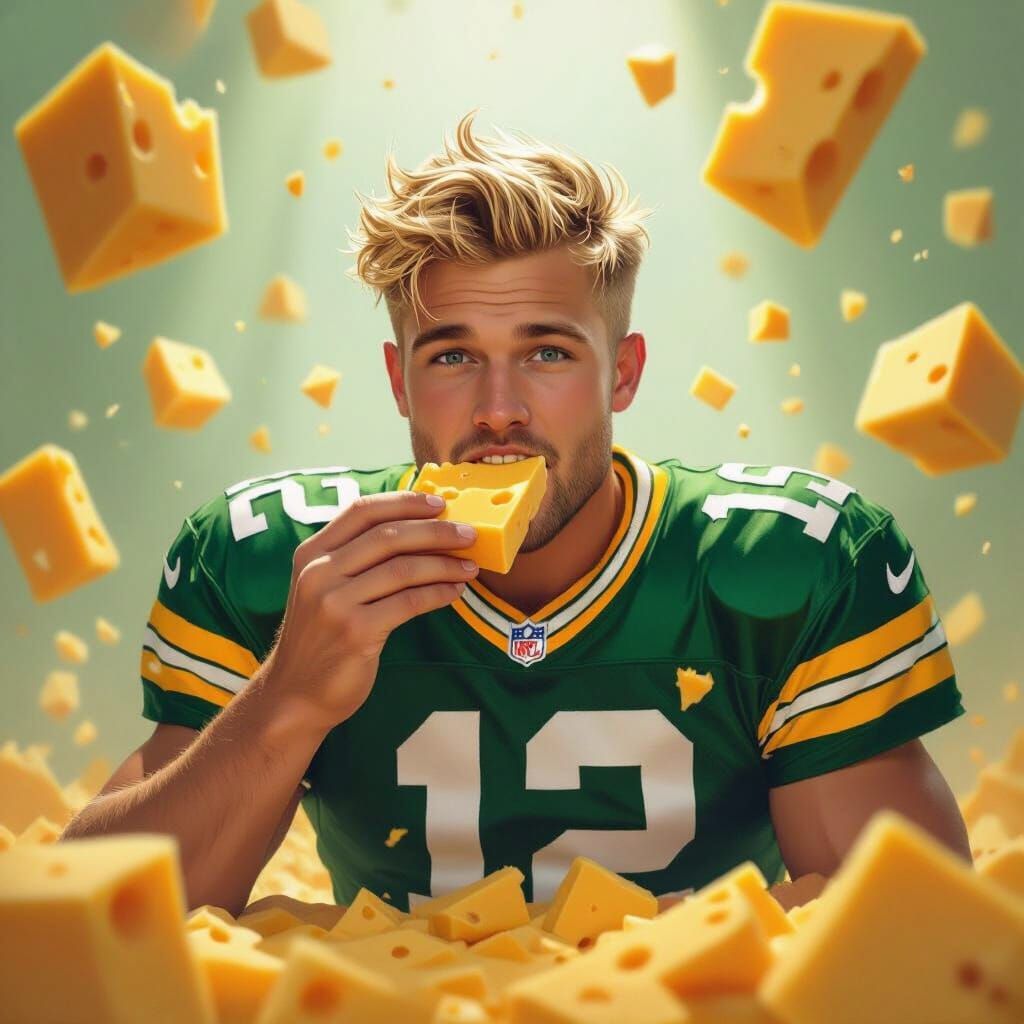 Lithuanian Packers Fan in Cheese Rain, Whimsical Digital Art