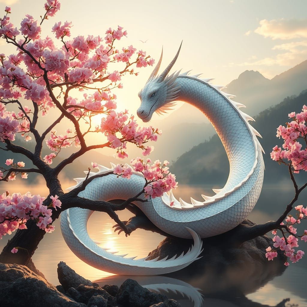 Ethereal White Dragon Envelops Sakura Tree in Blossom