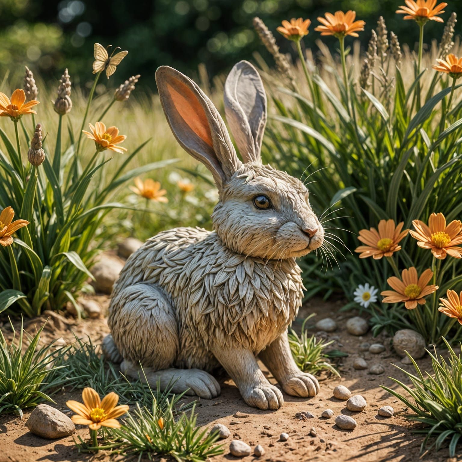 Enchanting Clay Rabbit Sculpture in Sunny Field