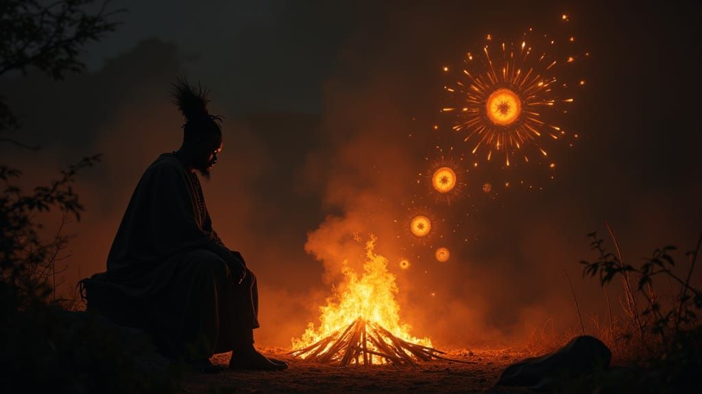 Mystical Griot by Firelight with Glowing Symbols