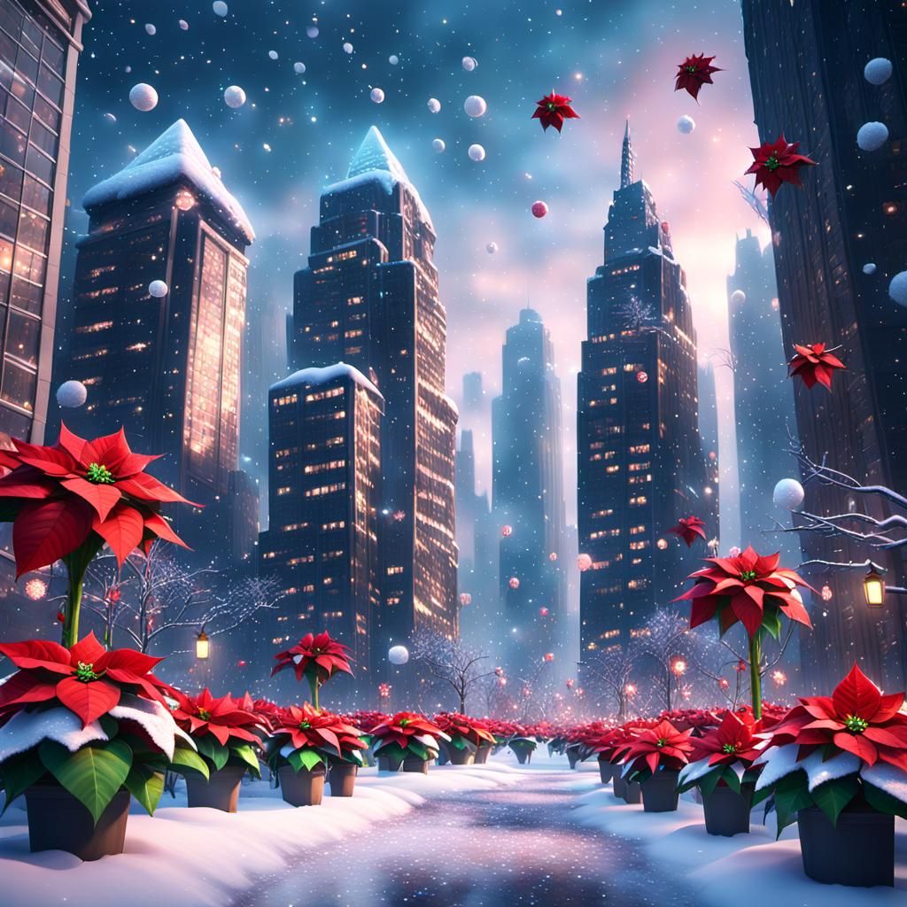Festive Poinsettia Cityscape with Magical Lights