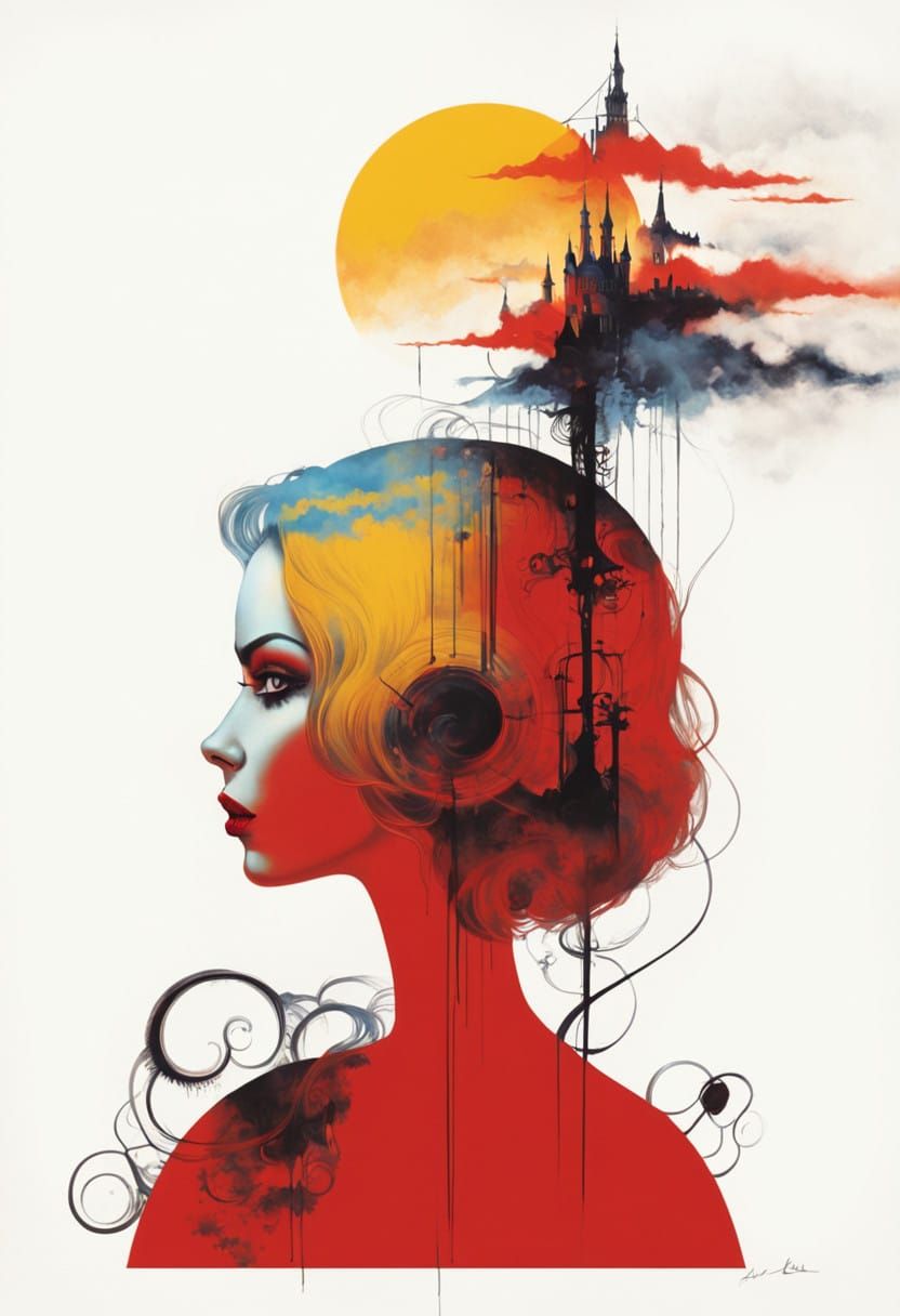 Dark Fantasy Pop Art Portrait with Ghostly Apparitions