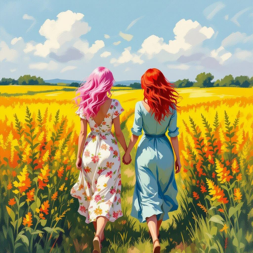 Two Women Strolling Through Goldenrod Field in Van Gogh Styl...
