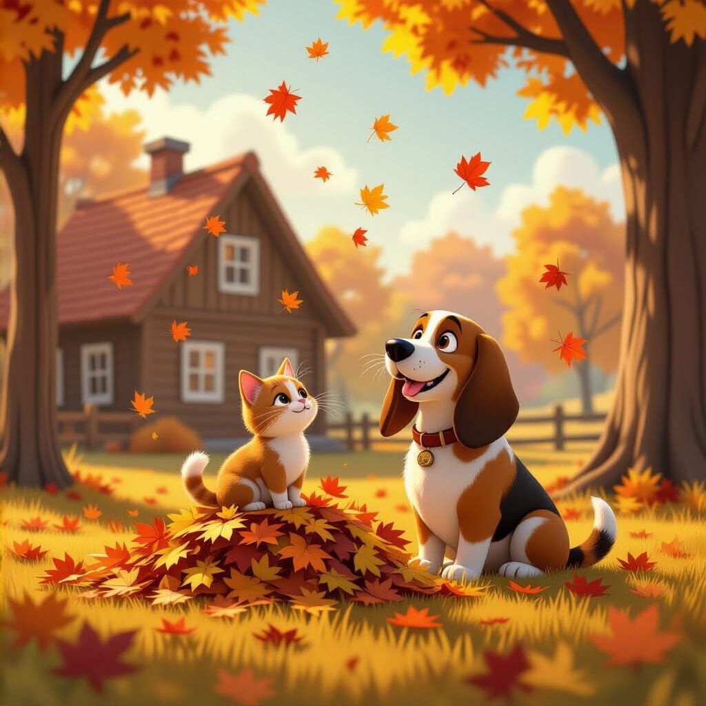 Adorable Basset Hound and Cat Playing in Autumn Leaves