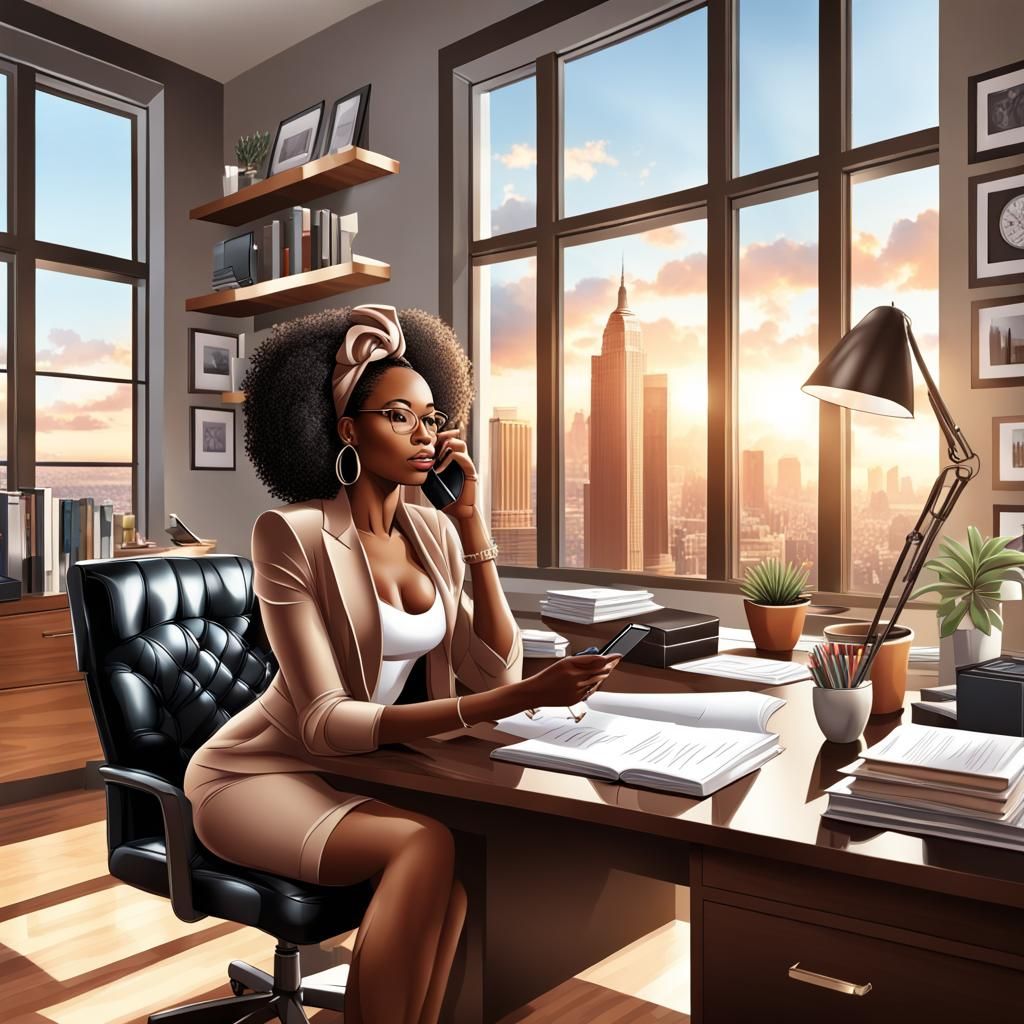 Beautiful Woman Working in Luxury Home Office (3D)