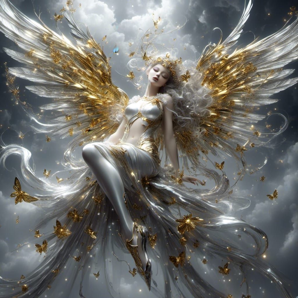 Female winged fairy. Chrome, gold, silver, white, mercury <l...