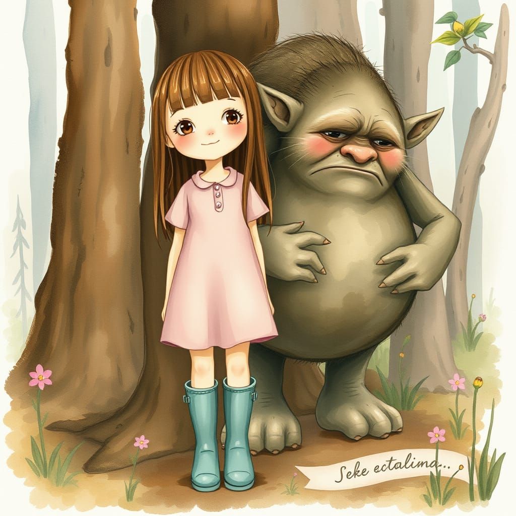 Girl and Troll in Whimsical Forest Watercolor