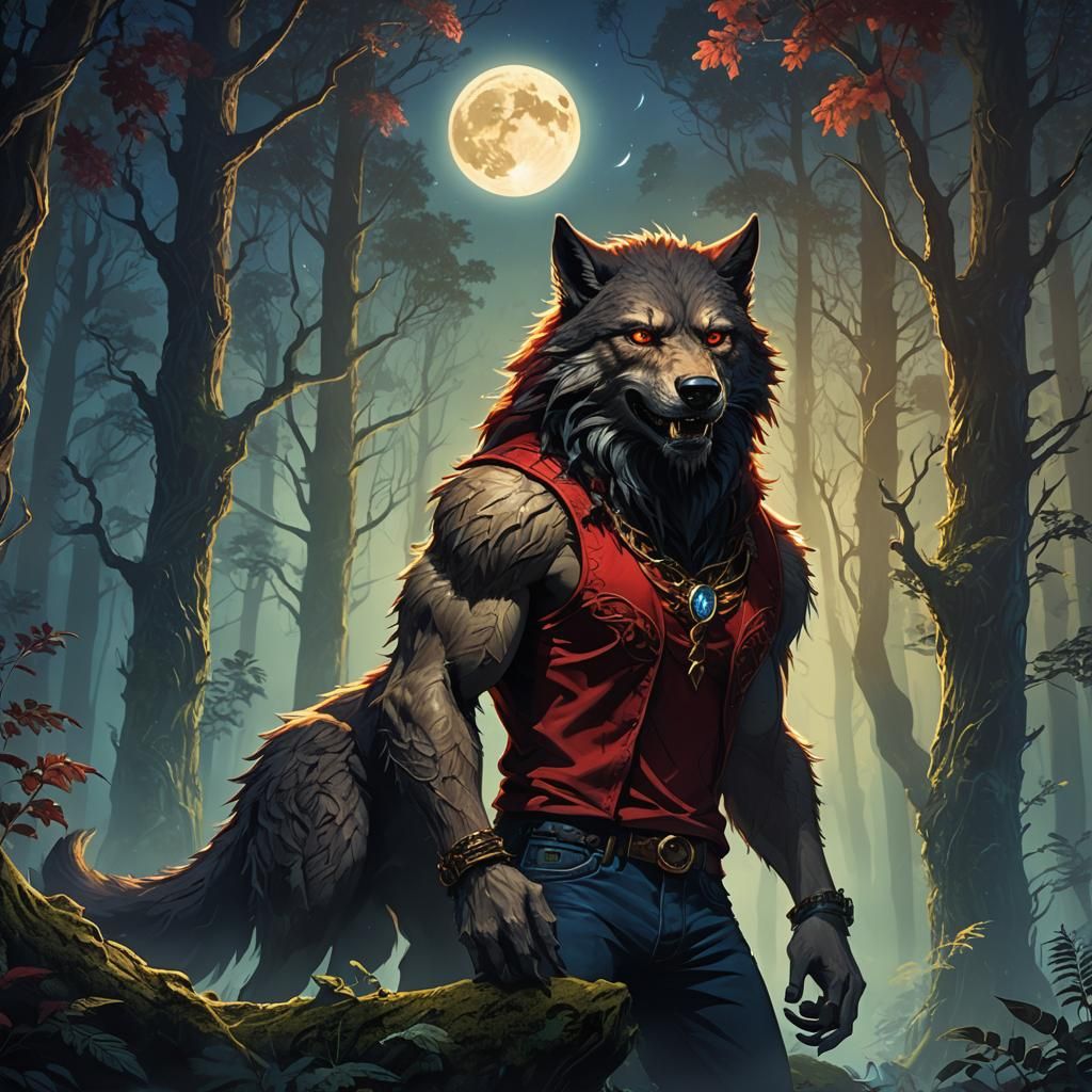 Werewolf Teen in Moonlit Forest: Fantasy Concept Art