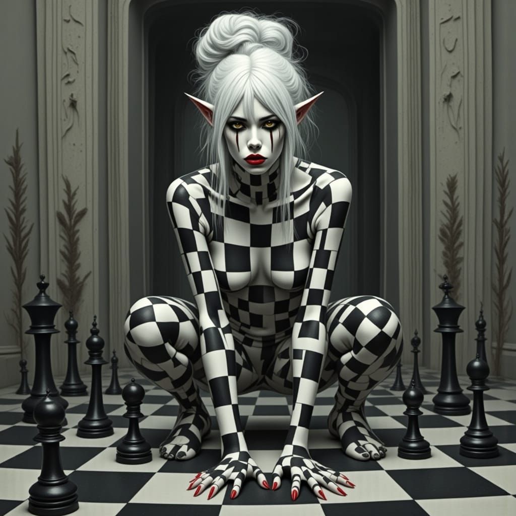Surreal Chessboard Goddess in Black and White Checkers