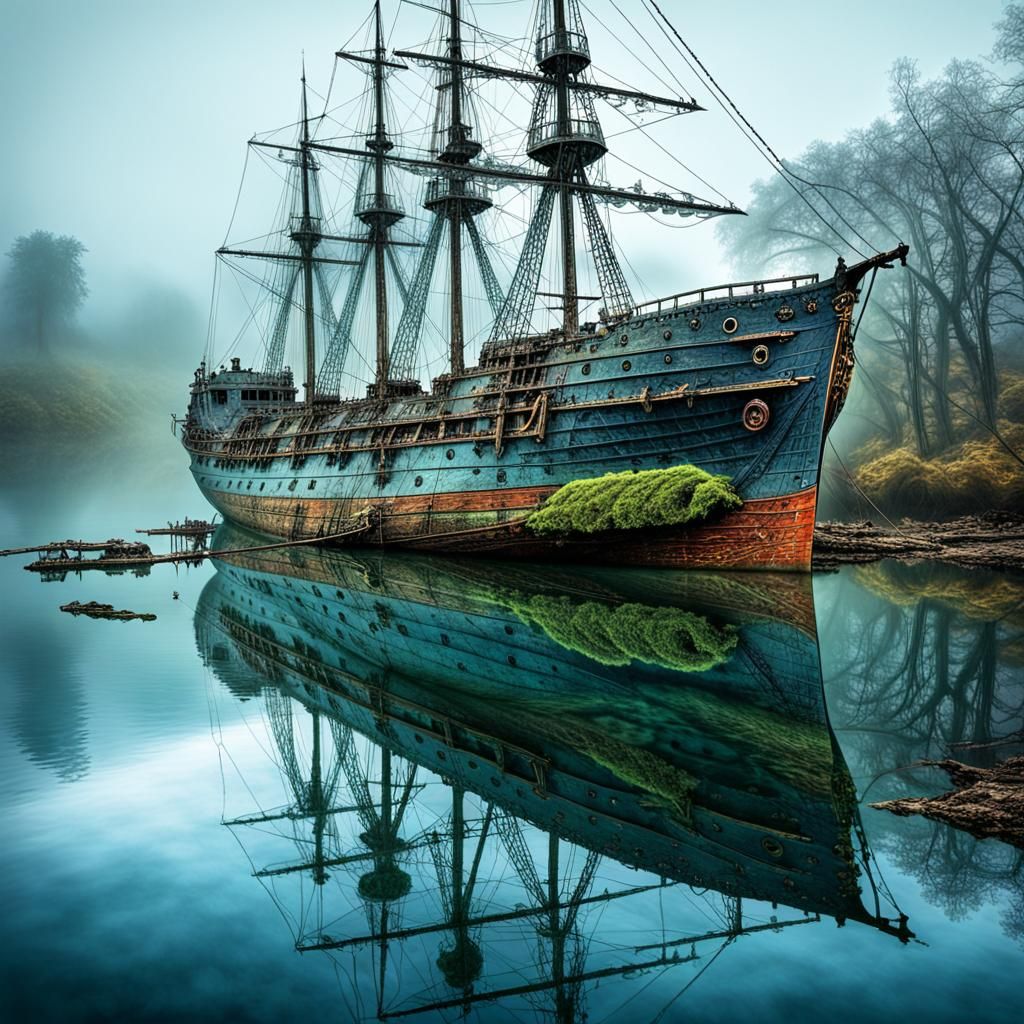 Eerie Ghost Ship on Misty Waters