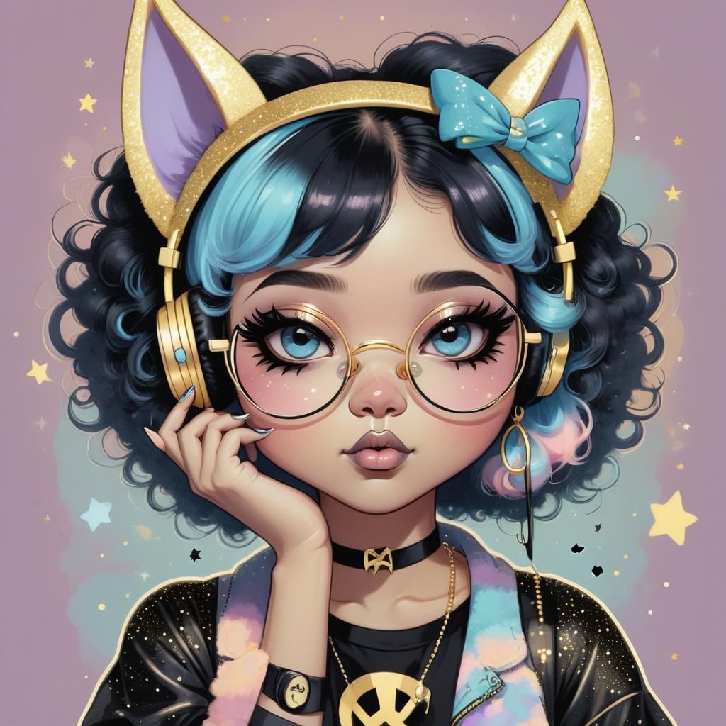 Kawaii Goth Girl with Bat Ear Headphones