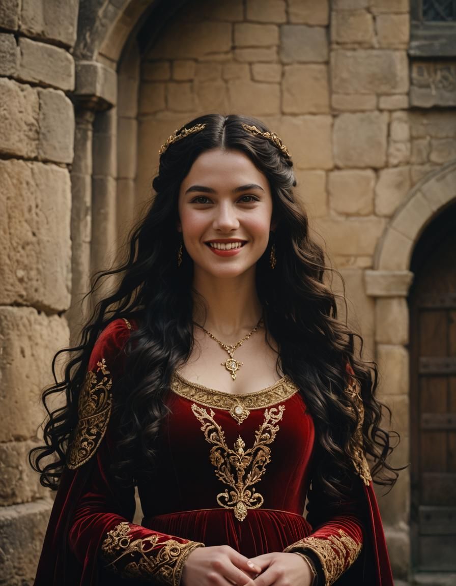 Pregnant Medieval Queen in Red Velvet Dress