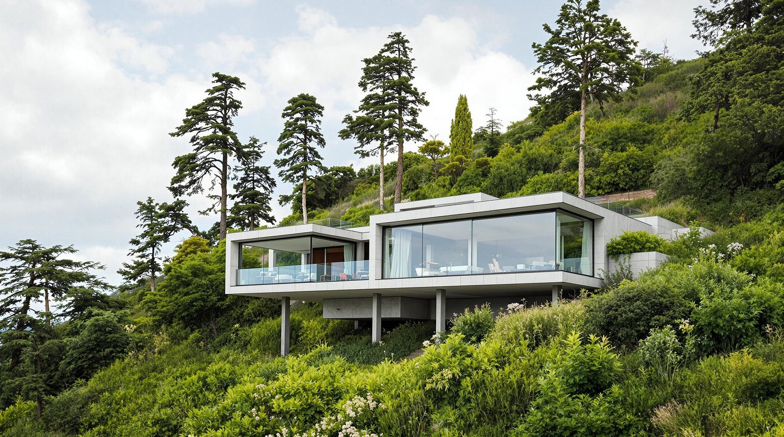 Modern Concrete and Glass House Amidst Lush Green Hillside