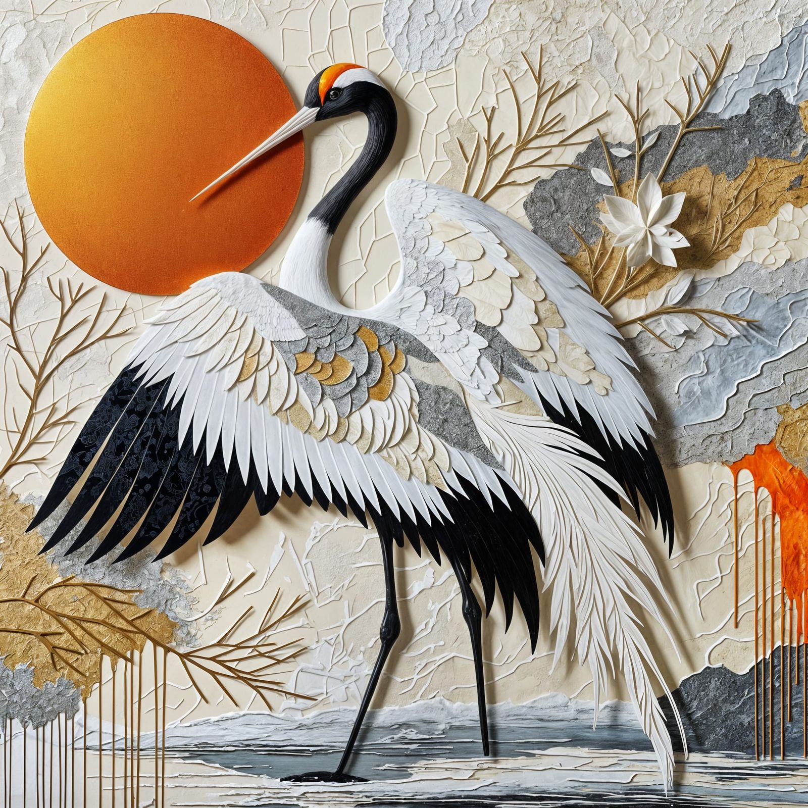 Elegant Japanese Crane in Neon Hues Set Against an Orange El...