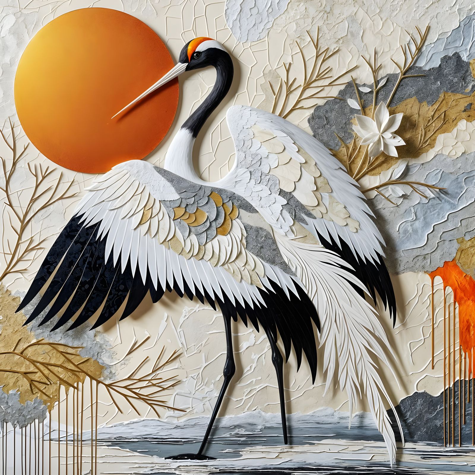 Elegant Japanese Crane in Neon Hues Set Against an Orange El...