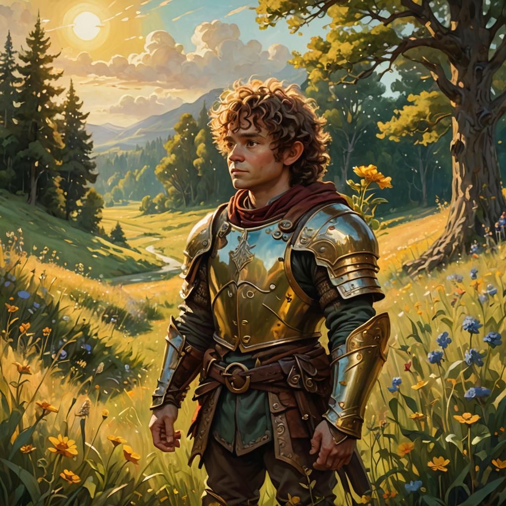 Halfling and Human in Sunlit Meadow as Oil Painting
