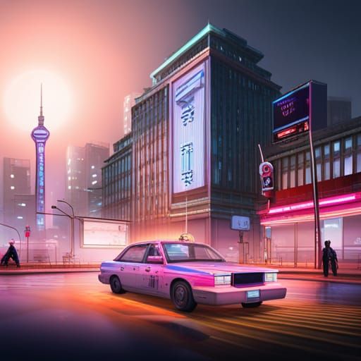 Seoul Taxi with Neon Lights in Hyperrealistic Style