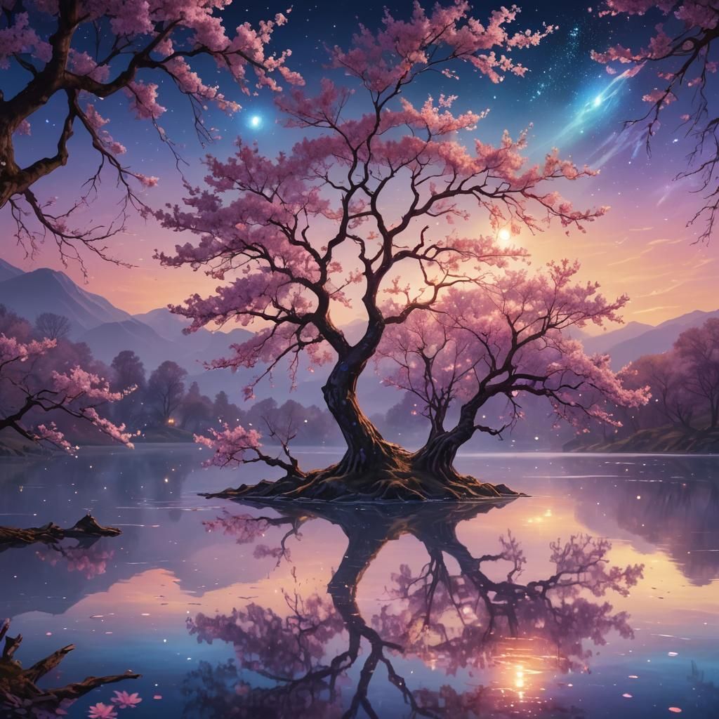 Surreal Cherry Tree by Serene Lake at Twilight