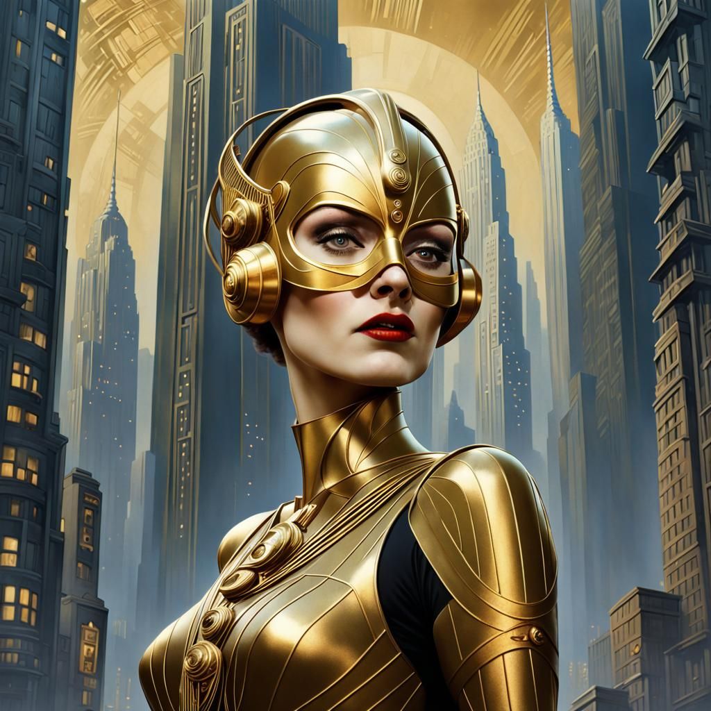 Metropolis-Inspired Art Deco Woman in Golden Mask