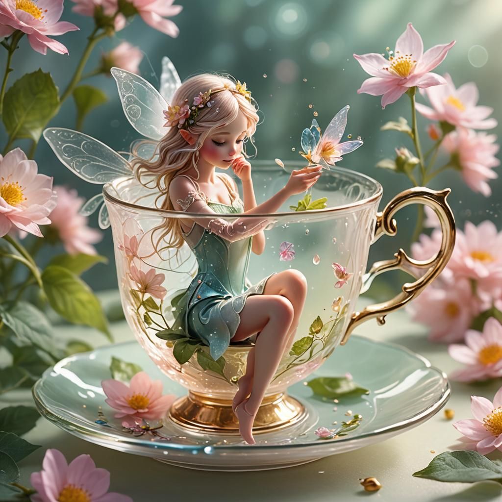 Fairy in Teacup: A Whimsical Pastel Illustration