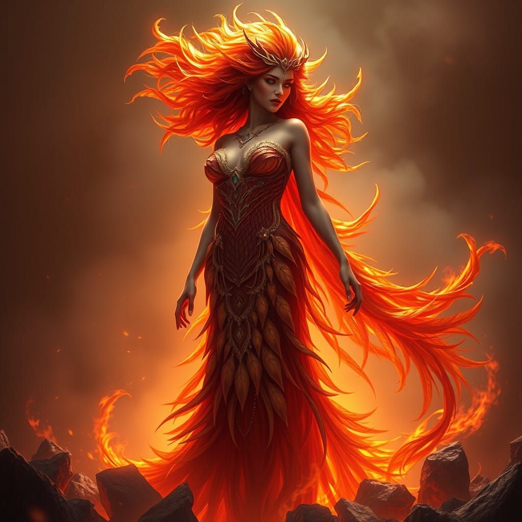 Fantasy Phoenix Empress Rises from Ashes in Golden Light