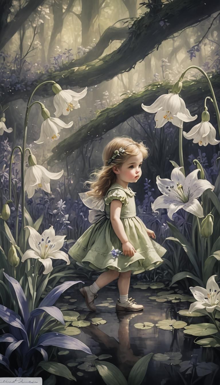 Thumbelina Strolls Among Bluebells: Vintage Spring Art