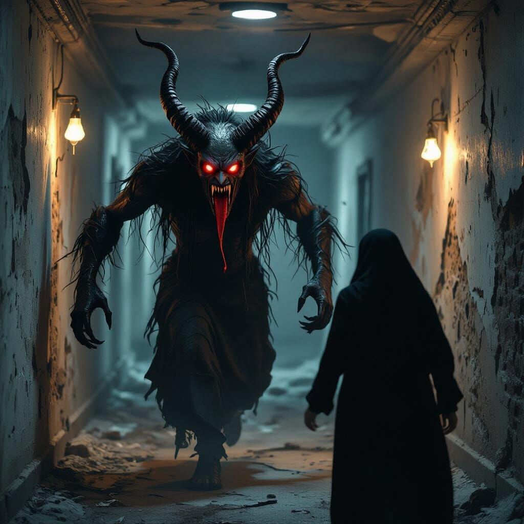 Terrifying Jinn Creature in Dark Corridor