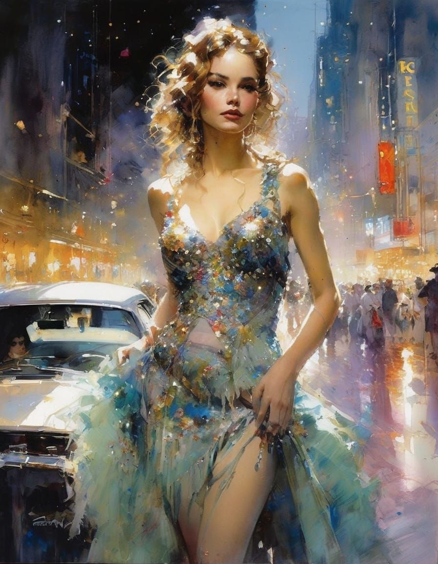 Glamorous Hollywood Starlet On Stage in Watercolor