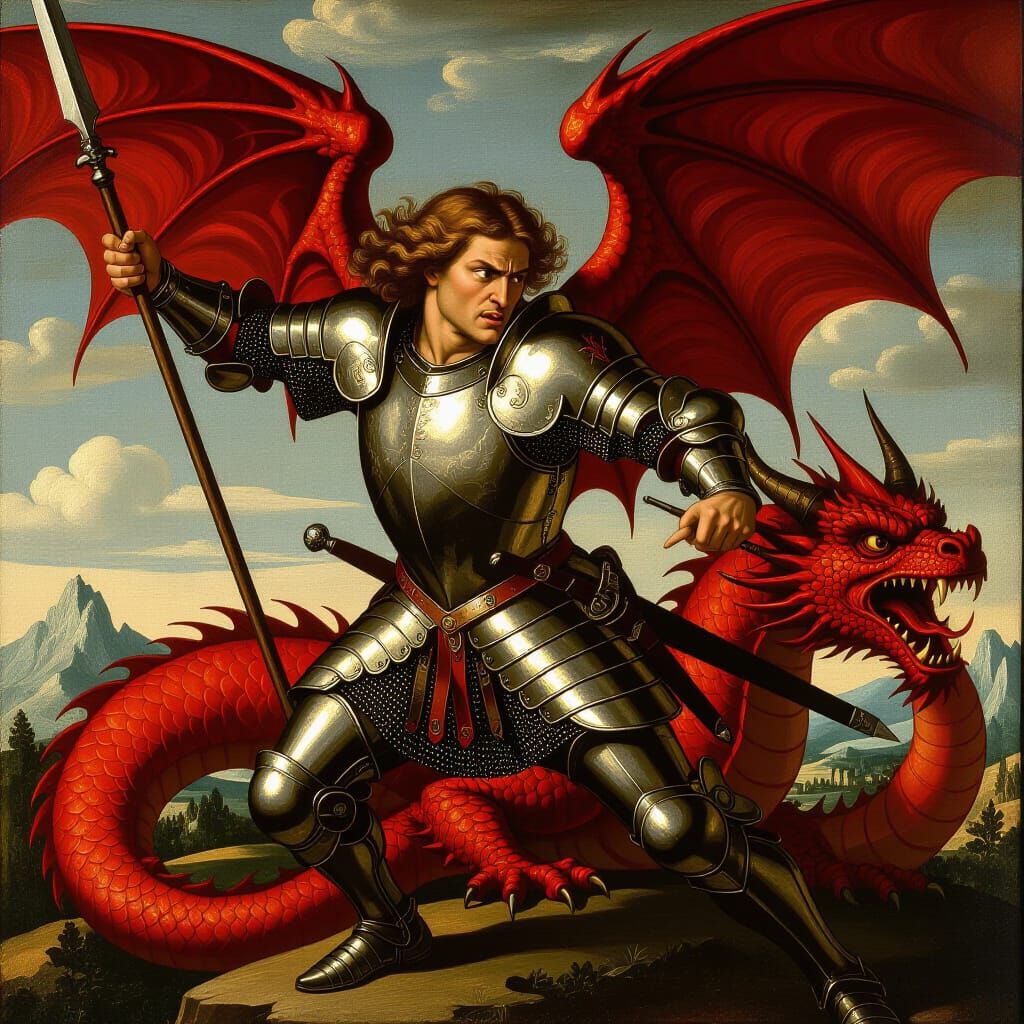 Saint Michael Slaying Dragon in Sanguine Etching