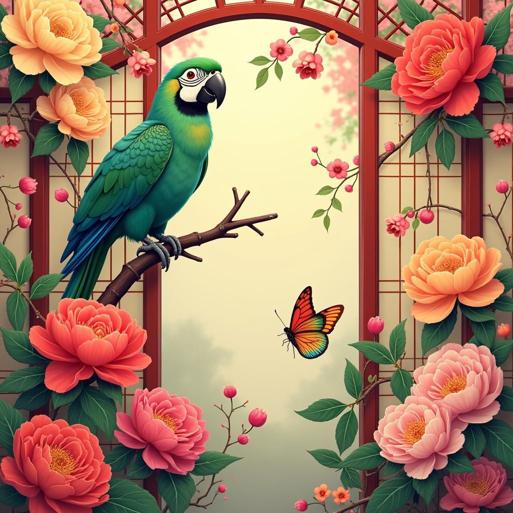 Chinoiserie Spring Scene with Parrot in Art Deco Style