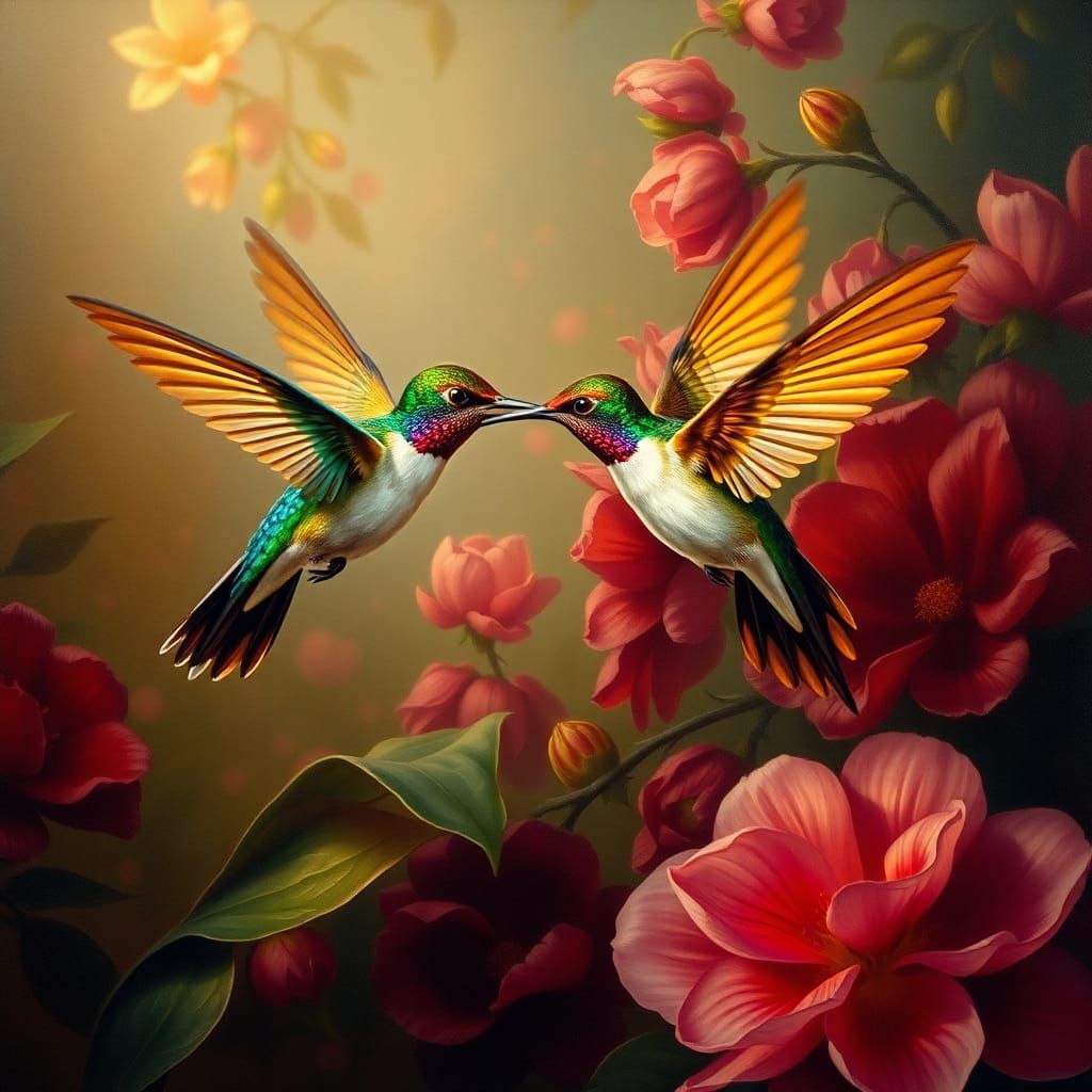 Hummingbirds in Flight Amidst Lush Floral Landscape