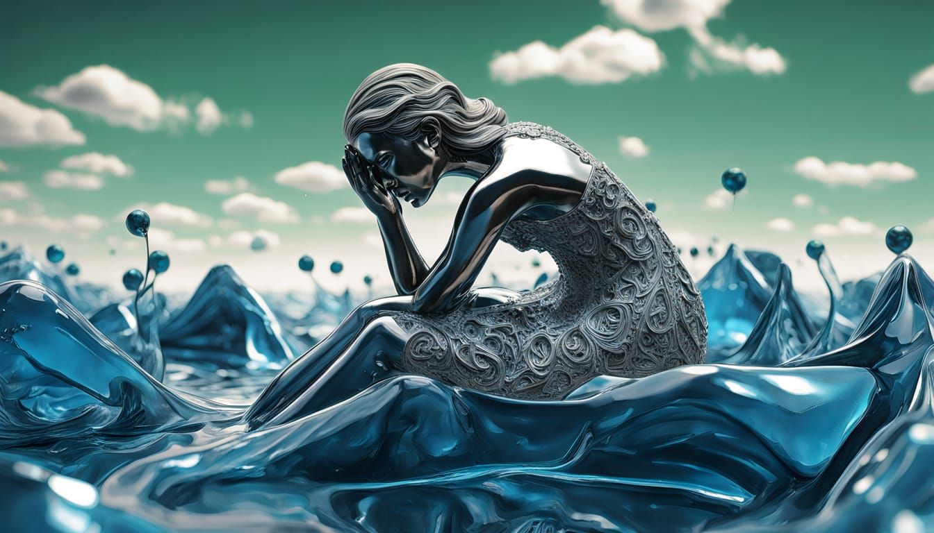 Surreal Woman Assembling Fragmented Sculpture Under Green Sk...