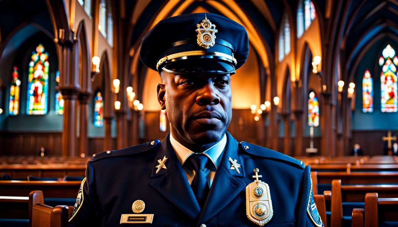 Cop Giving Sermon in Church with Dramatic Lighting