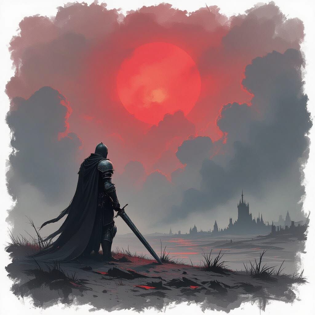 Lone Knight on Desolate Battlefield in Expressionist Style