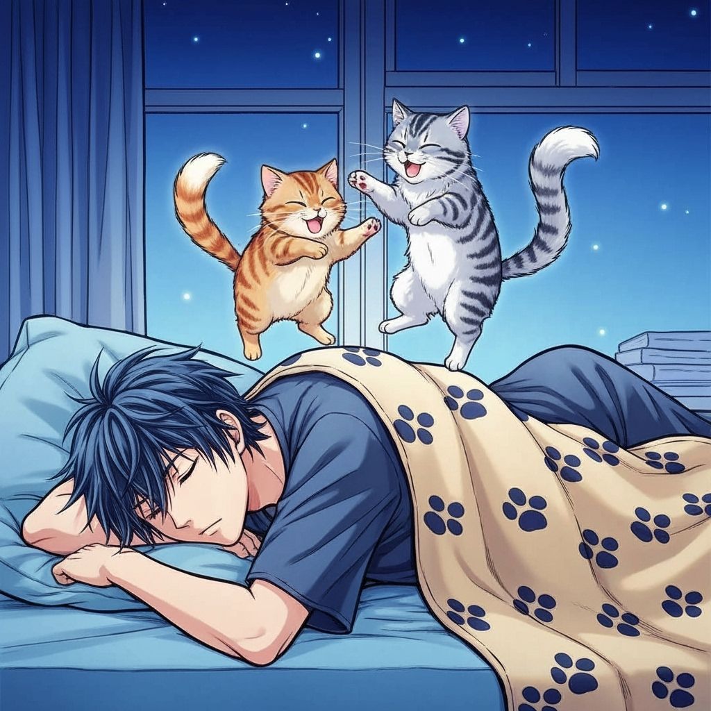 Cats Dancing on Man's Back in Manga Style