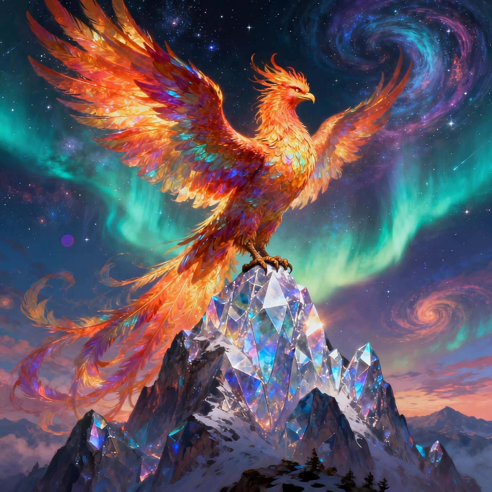 Majestic Phoenix on Crystal Peak Under Aurora Sky