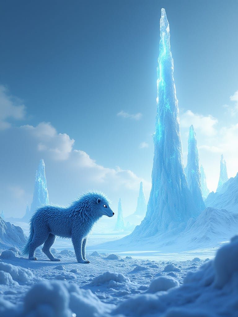 Ethereal Ice Planet Landscape with Majestic Creature and Swi...