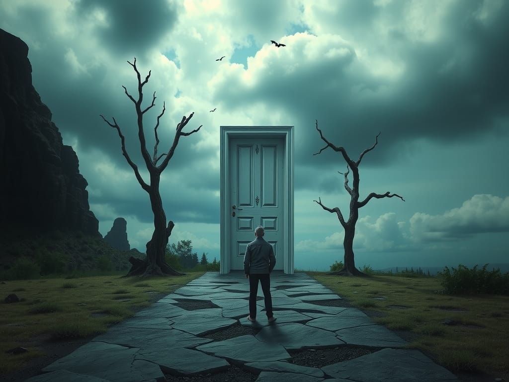 Surreal Doorway in Dreamlike Landscape