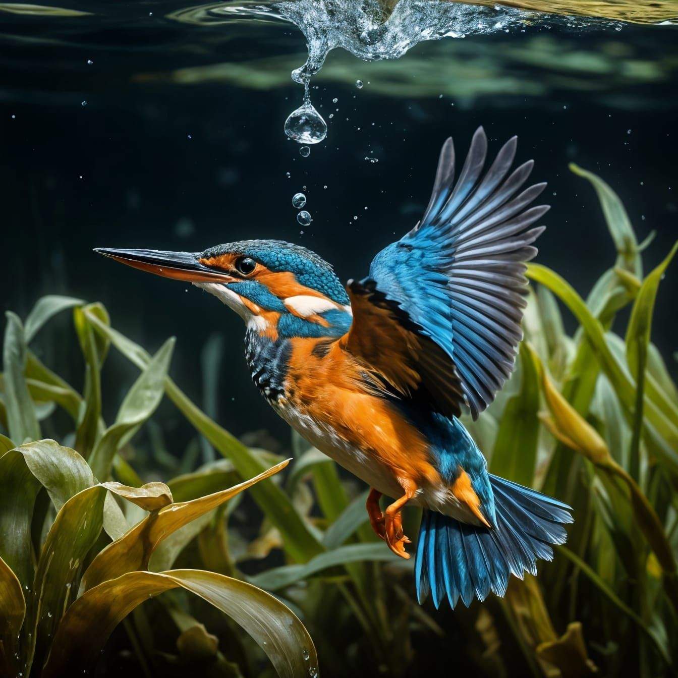 Diving Kingfisher in Underwater Pursuit
