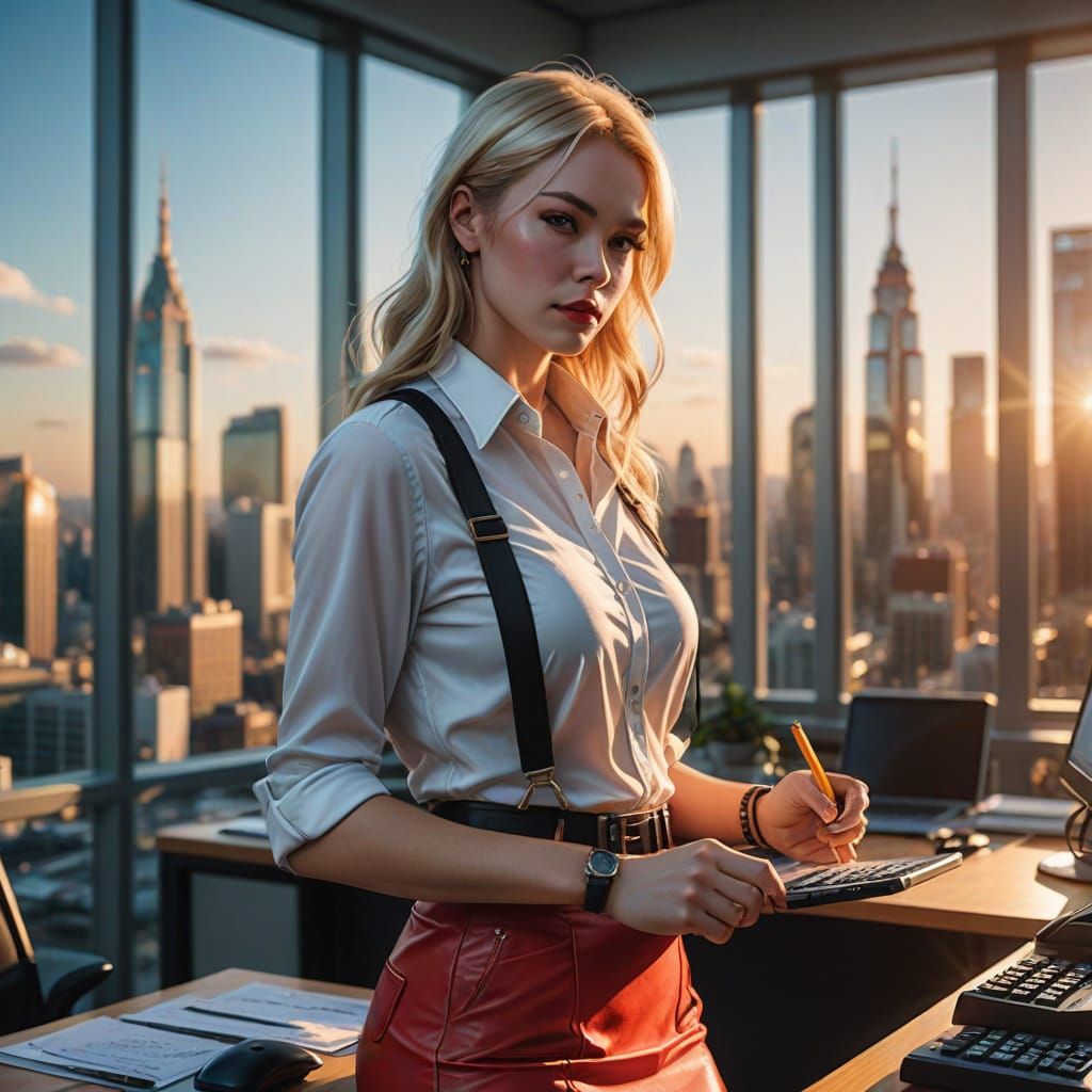 Sleek Businesswoman in Red Miniskirt, Golden Hour Glow