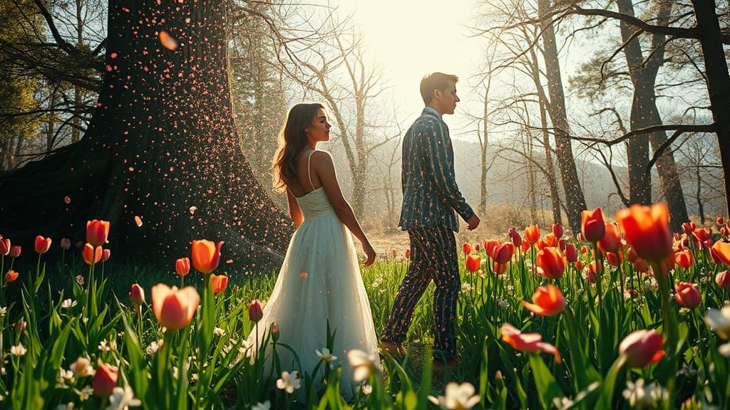 Woman Surrounded by Woodland Creatures in Vibrant, Iridescen...