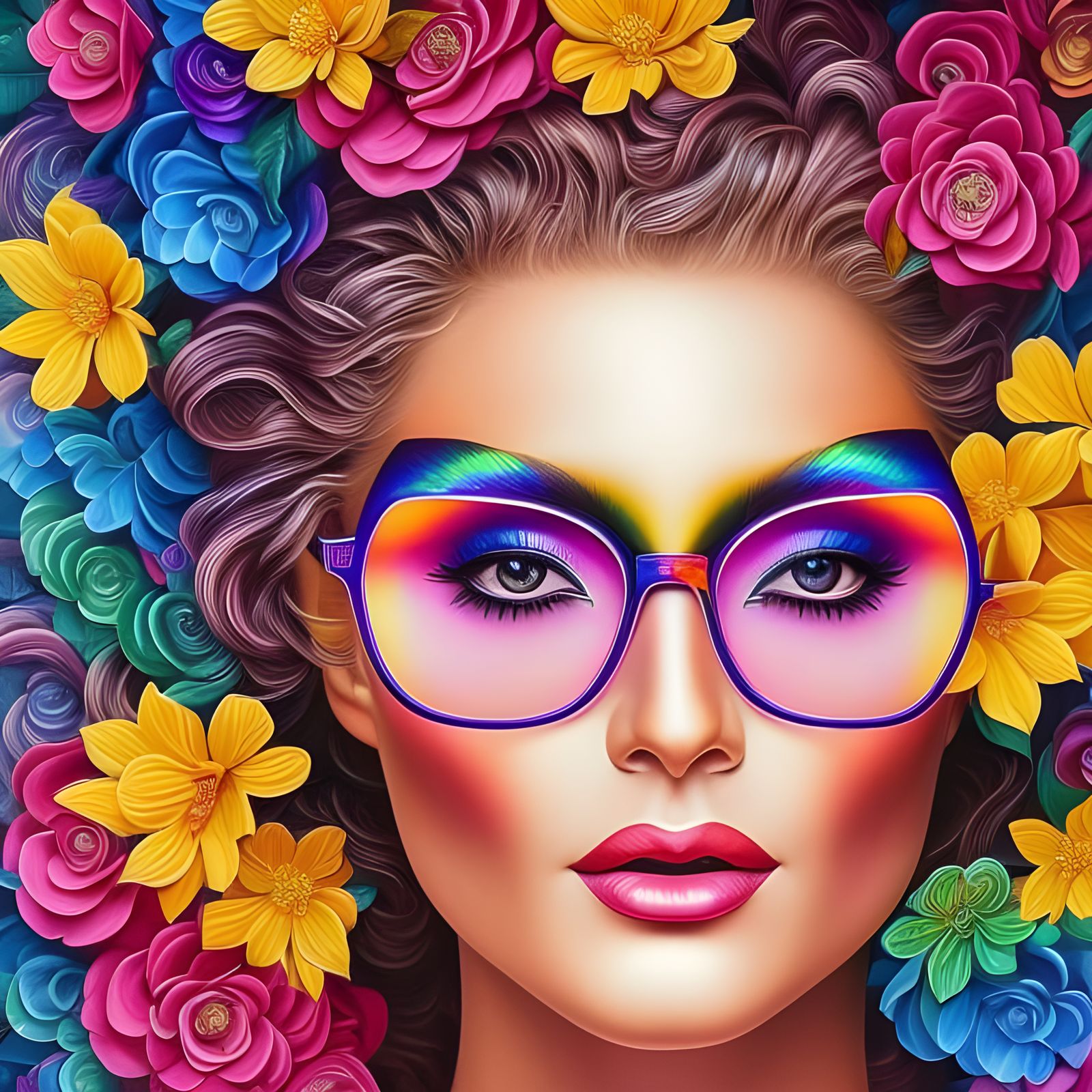 Radiant Goddess Portrait with Rainbow Flowers