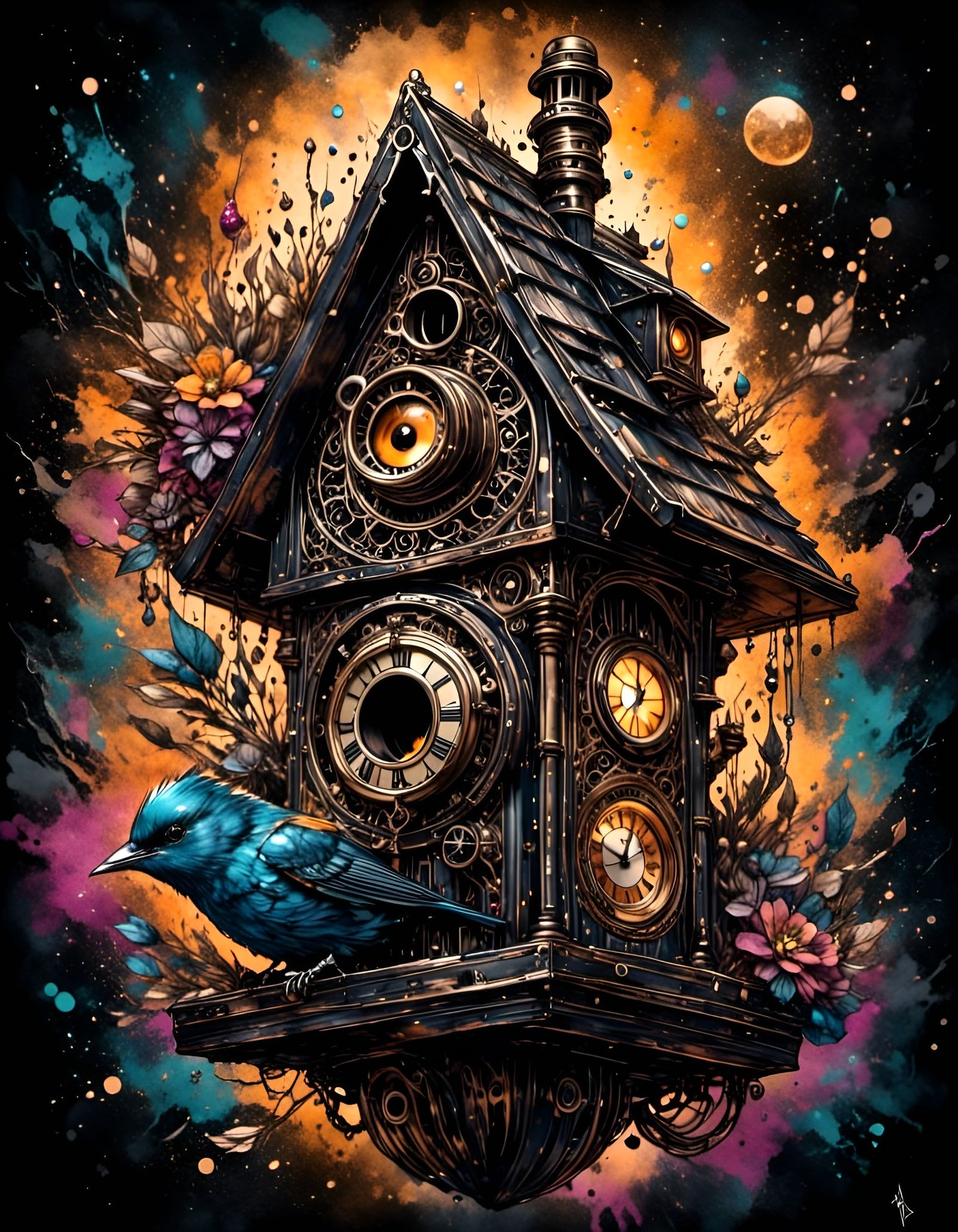 Steampunk Birdhouse Portrait in Ink Linework Style
