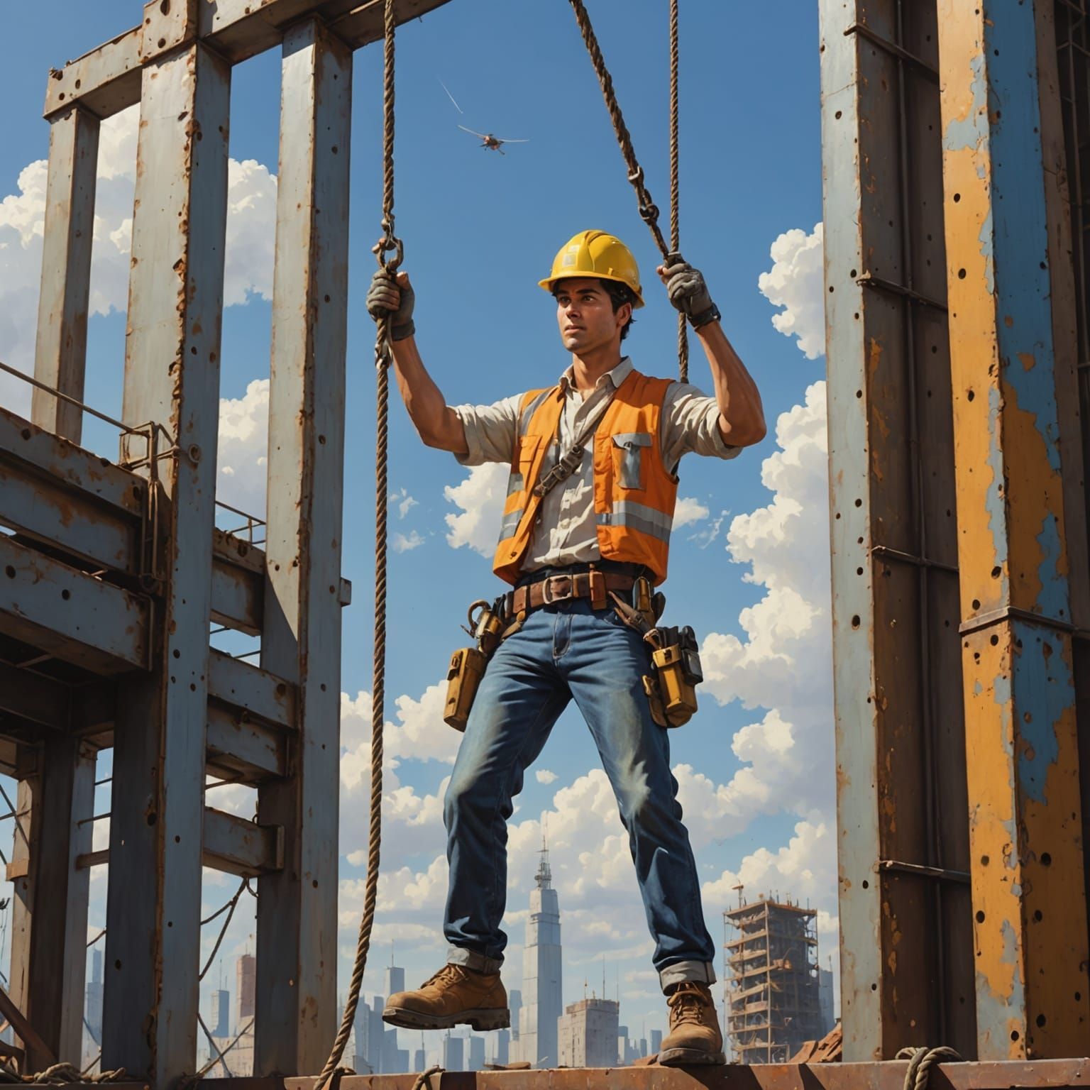 Heroic Construction Worker in Fantastical Landscape