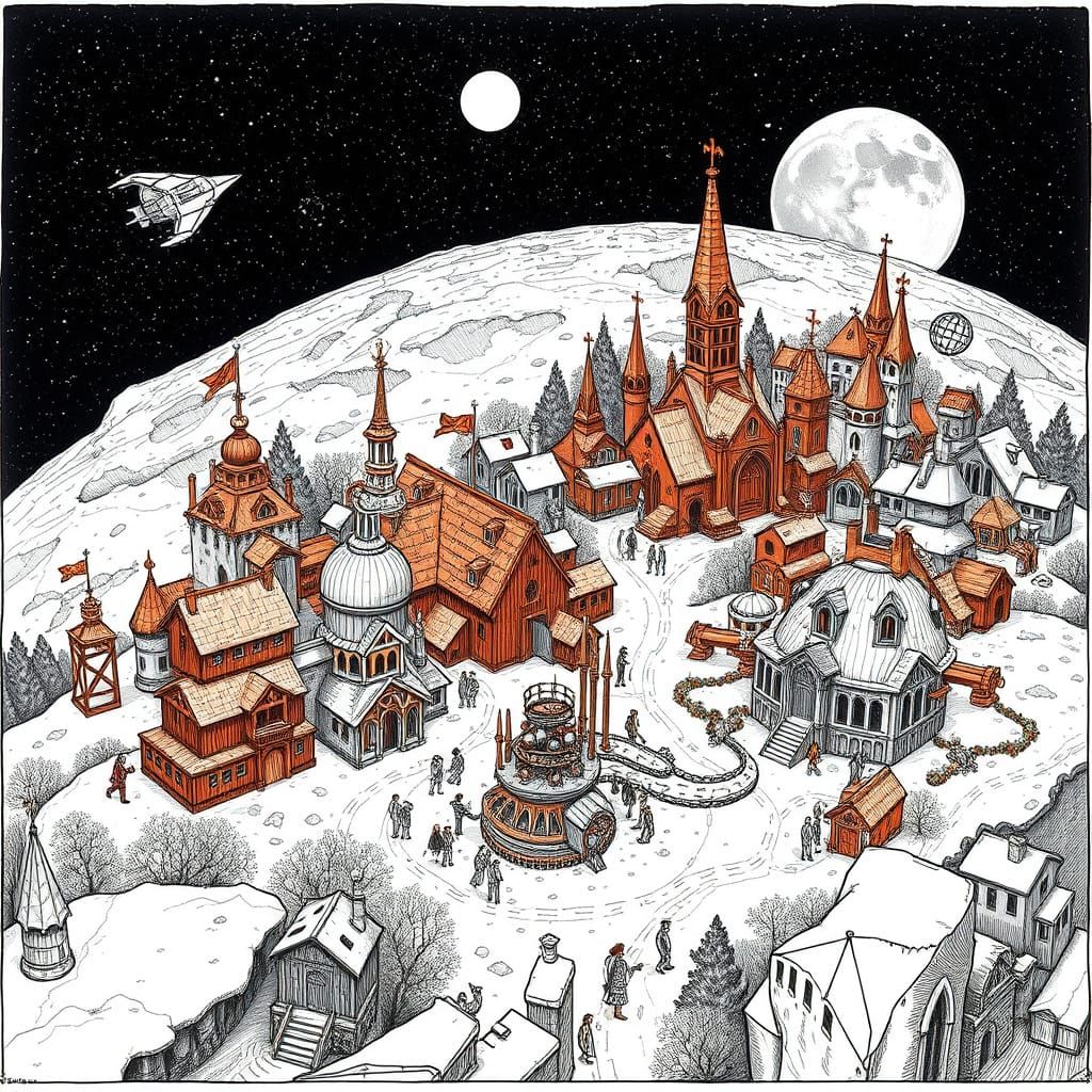 Moonlit Steampunk Village in Intricate Pen and Ink