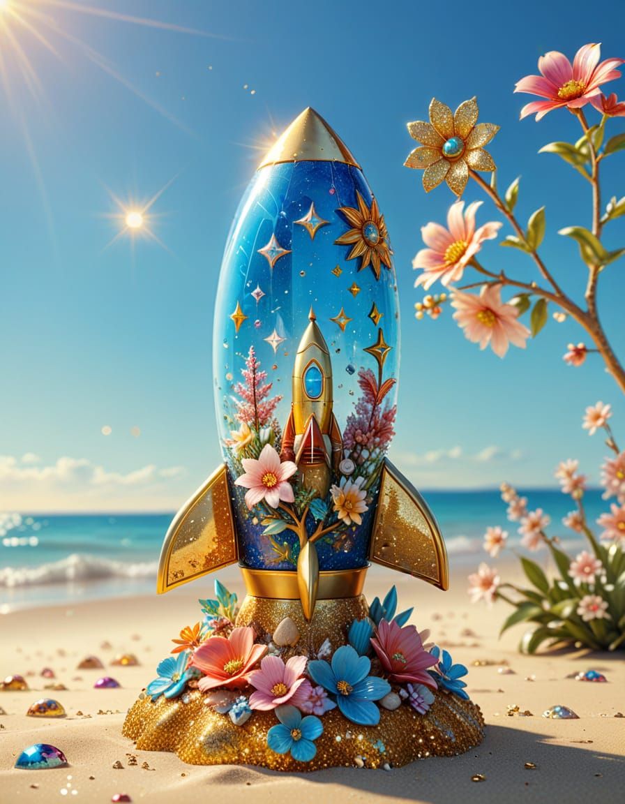 Fantasy Rocket Ship on Beach in Vibrant 3D